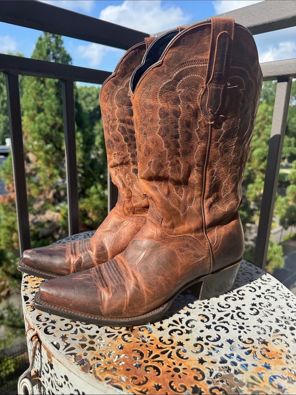 J.B. Dillon Distressed Cognac Leather Western Boots - Picture 2 of 9